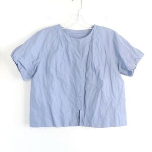 Emanuel Ungaro blouse pastel blue puff sleeve crinkle top luxury high designer M